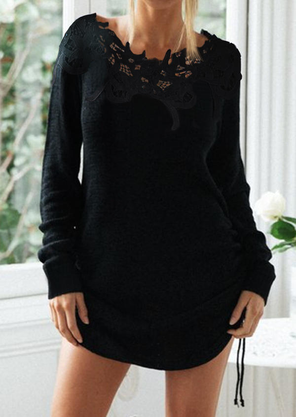 Lace Drawstring Open Back Mini Dress - Black