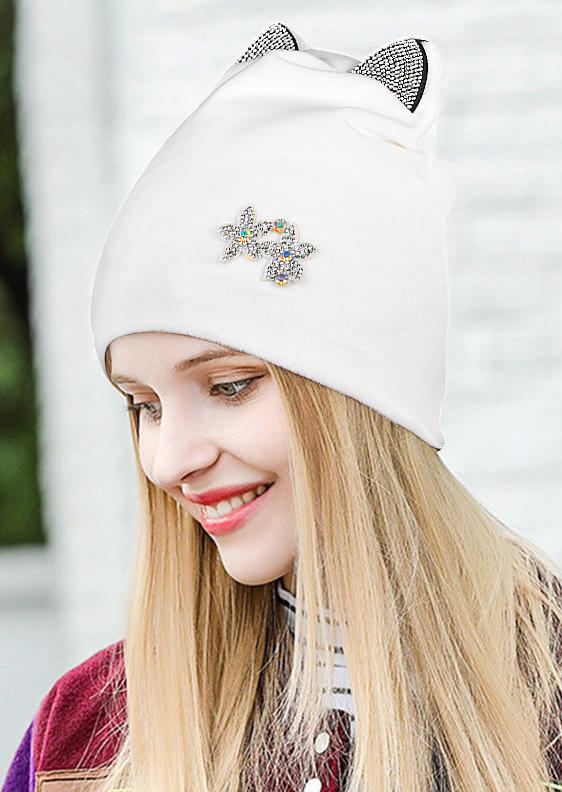 

Hats Cat Ear Floral Knitted Beanie Hat in White,Gray. Size