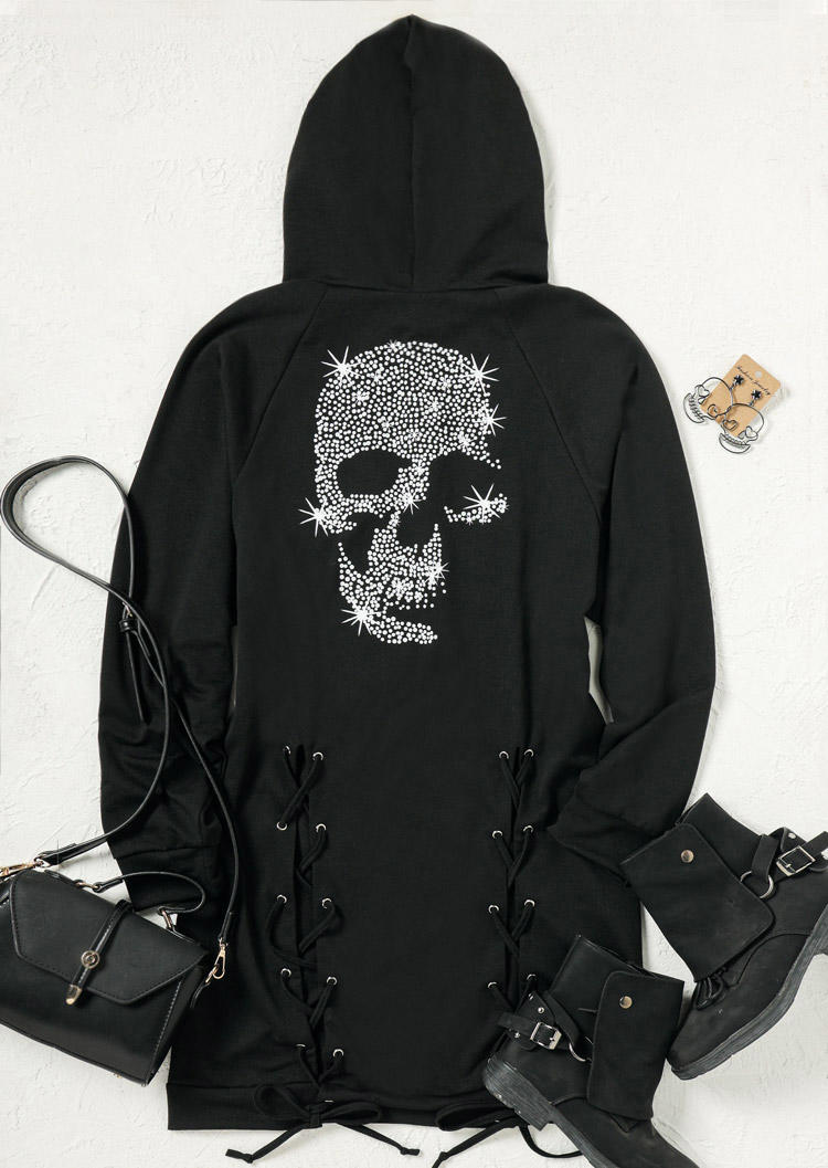 

Mini Dresses Lace Up Skull Hooded Long Sleeve Mini Dress in Black. Size: ,M