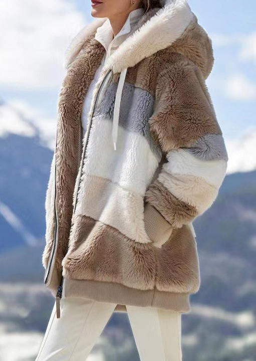 

Coats Color Block Zipper Pocket Plush Hooded Coat in Multicolor. Size: ,M,L,XL