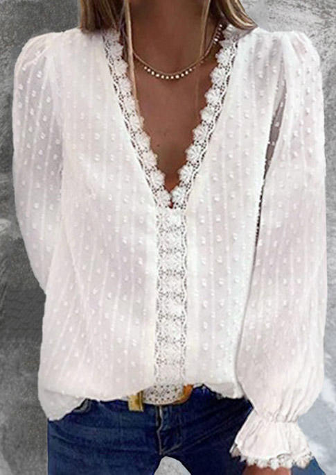 

Blouses Lace Dotted Swiss V-Neck Blouse in White. Size