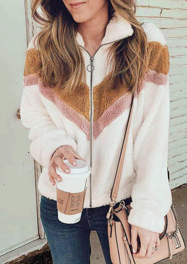 

Coats Fuzzy Zipper Color Block Long Sleeve Coat in White. Size