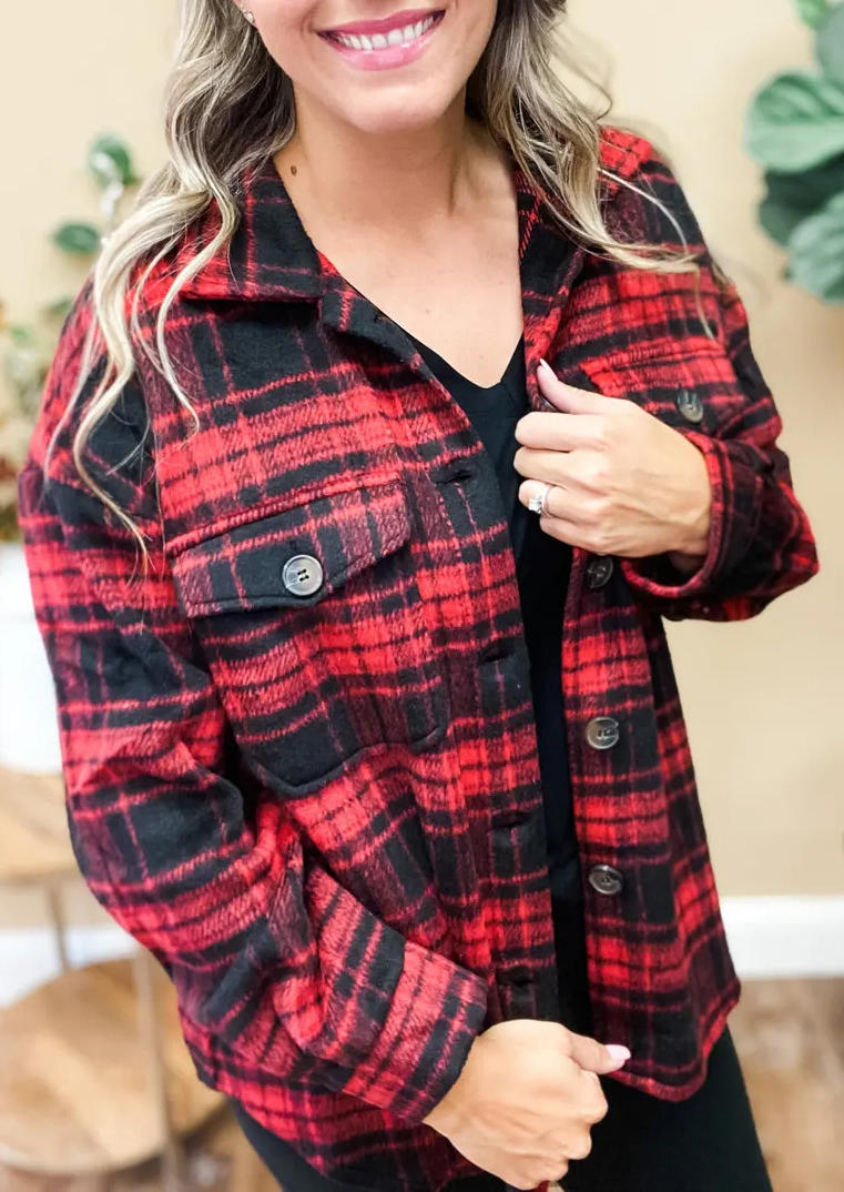 

Coats Plaid Pocket Button Long Sleeve Shirt Coat in Red. Size: ,M,L,XL
