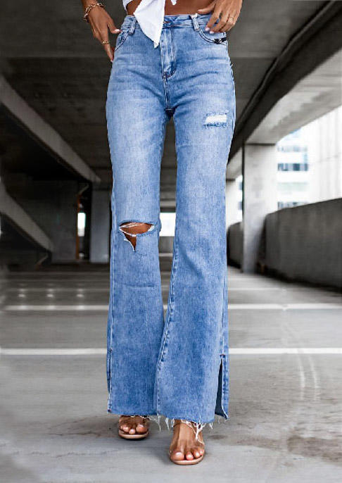 

Pants Slit Ripped Hole Frayed Hem Denim Pants - Blue in Blue. Size: ,M,L,XL