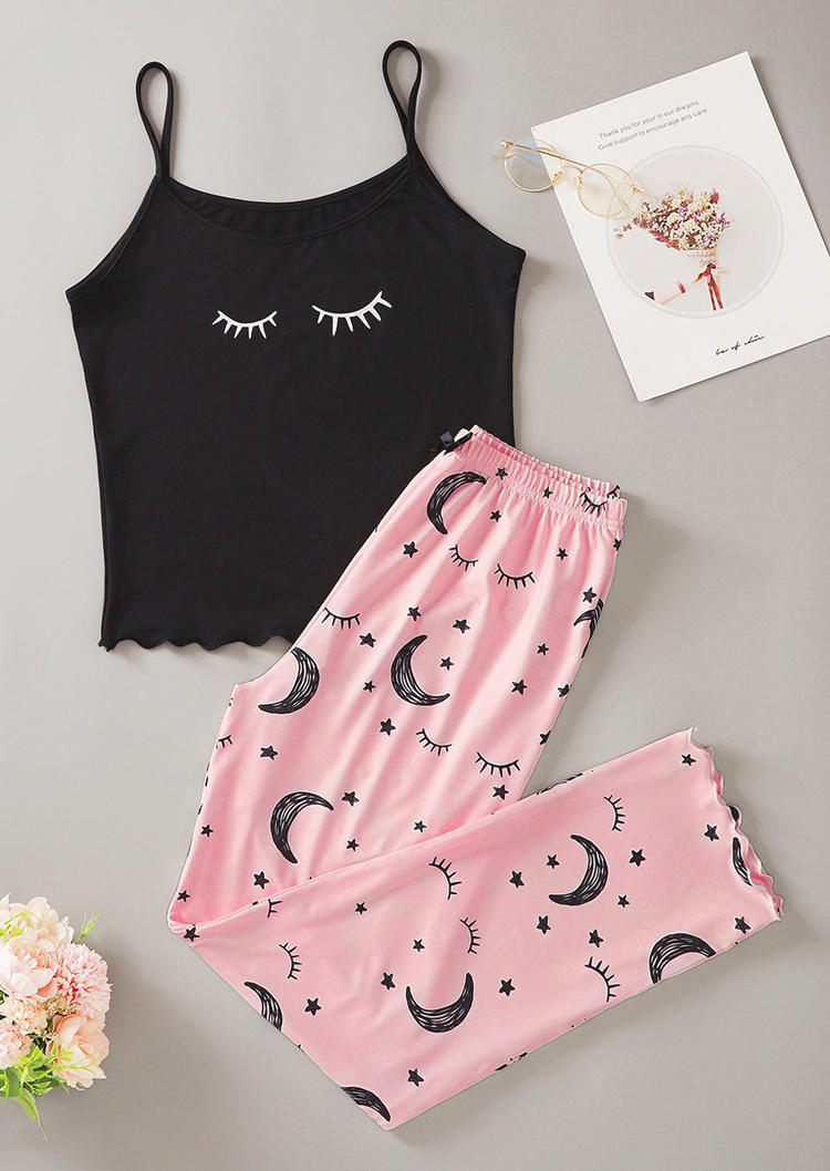 

Sleepwear Eyelash Scallop Hem Camisole And Moon Star Pants Pajamas Set in Multicolor. Size: ,M,L,XL