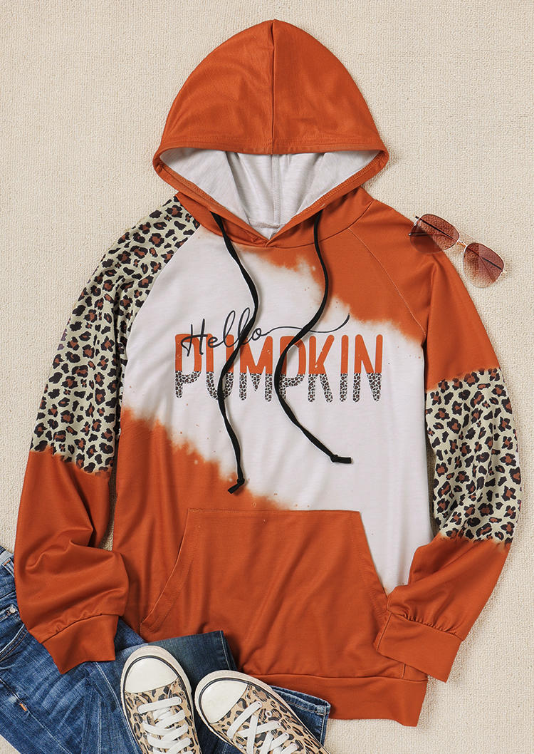 

Hoodies Hello Pumpkin Leopard Kangaroo Pocket Hoodie in Orange. Size