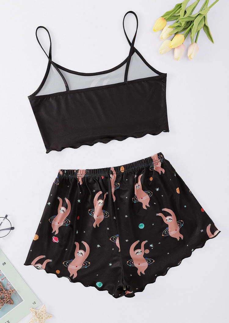 

Sleepwear Sloth Crop Camisole And Planet Shorts Pajamas Set in Black. Size: ,M,L,XL