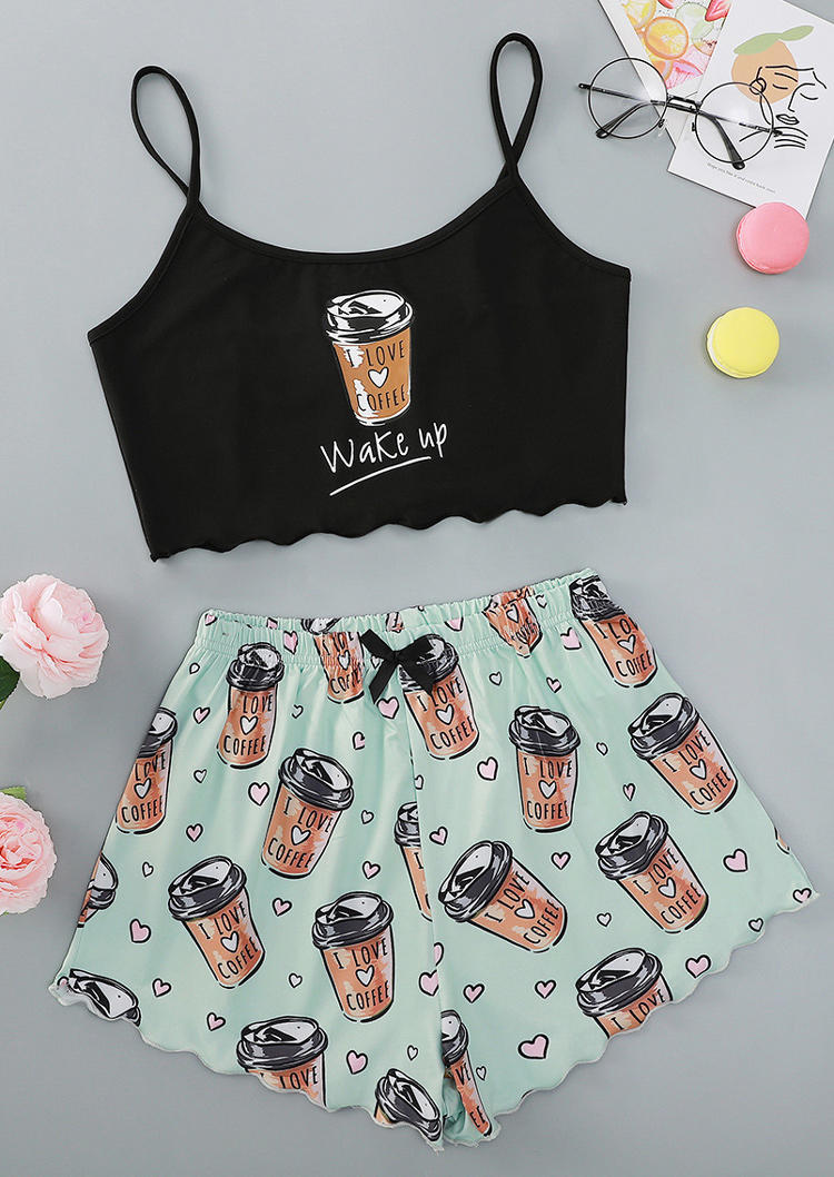 

Sleepwear Wake Up Coffee Camisole And Heart Shorts Pajamas Set in Black. Size: ,M,L,XL