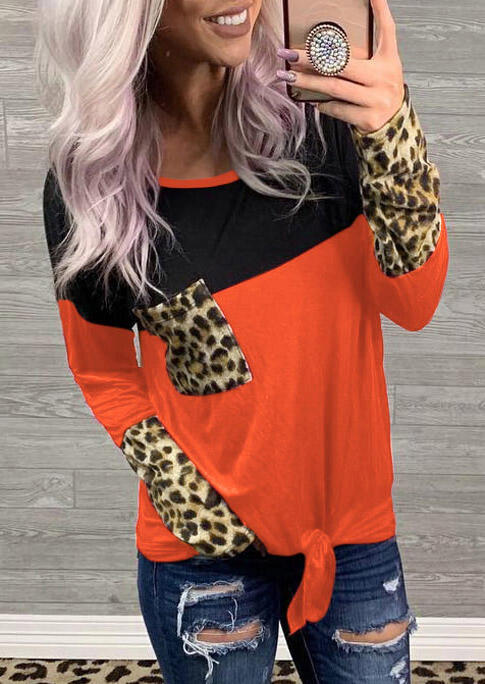 Leopard Printed Cuffs and Leopard Printed Pocket, Black Burgundy Color Block Long Sleeves T-Shirt For Women in Red. Size: 2XL,S,XL