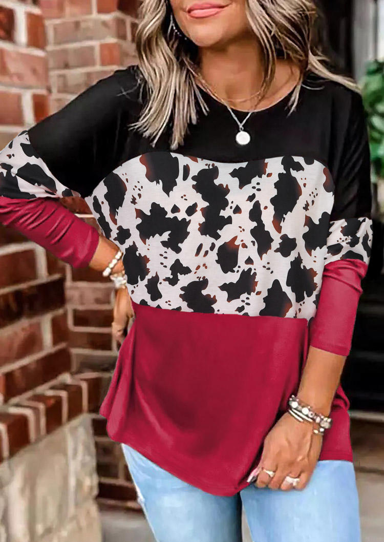 Cow Color Block Long Sleeve Casual Blouse