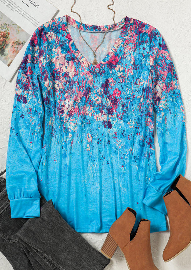 Blouses Floral Oil Painting Long Sleeve Blouse in Blue. Size: M
