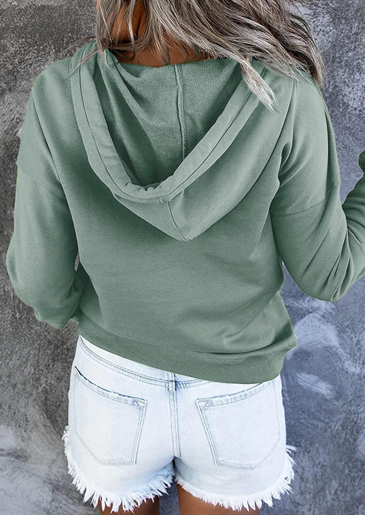 Hoodies Button Kangaroo Pocket Drawstring Long Sleeve Hoodie in Light Green. Size: L,XL