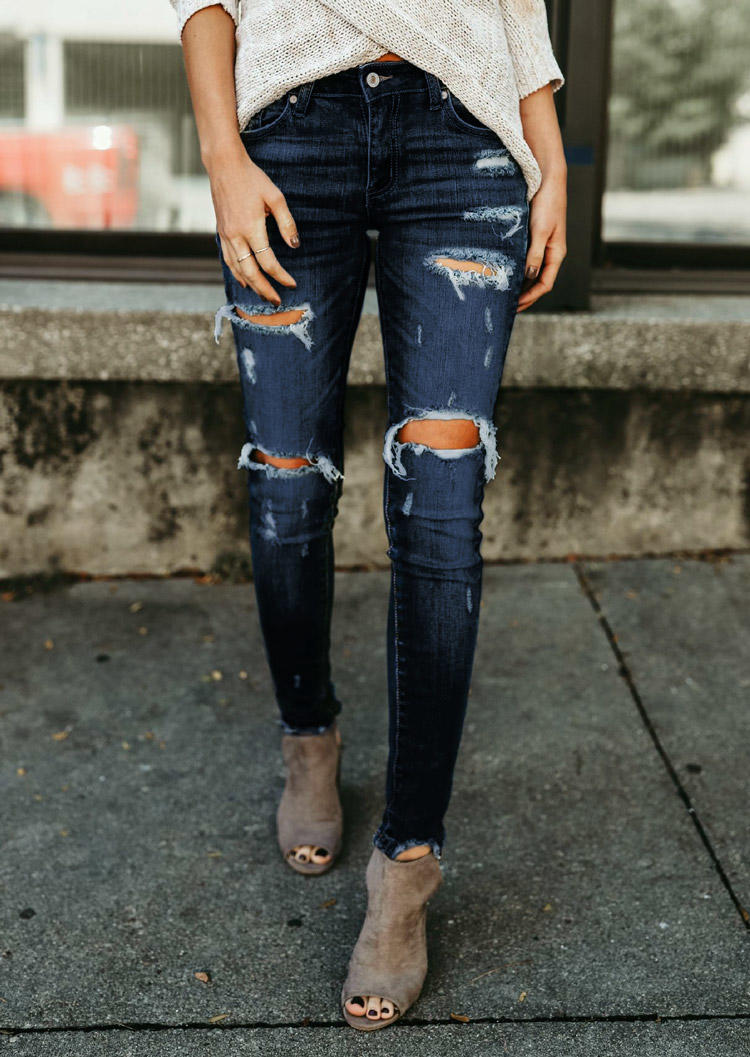 

Pants Ripped Hole Frayed Hem Jeans Pants in Deep Blue. Size: ,XL