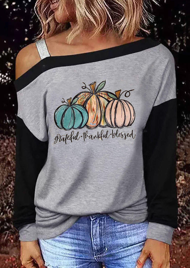 

Blouses Greatful Thankful Blessed Pumpkin Cold Shoulder Blouse in Gray. Size: ,M,L,XL