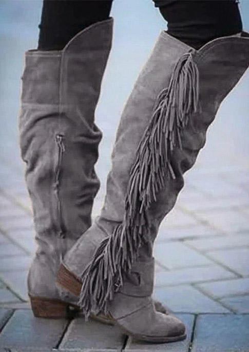 

Boots Tassel Zipper Round Toe Heeled Boots in Gray. Size