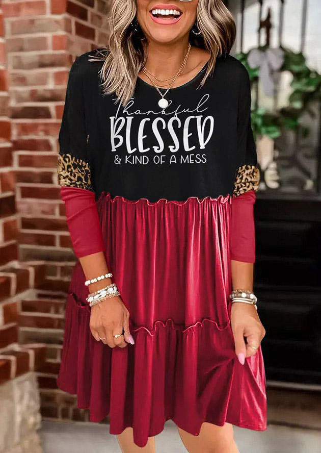

Mini Dresses Thankful Blessed Leopard Color Block Ruffled Mini Dress in Multicolor. Size: ,M,L,XL
