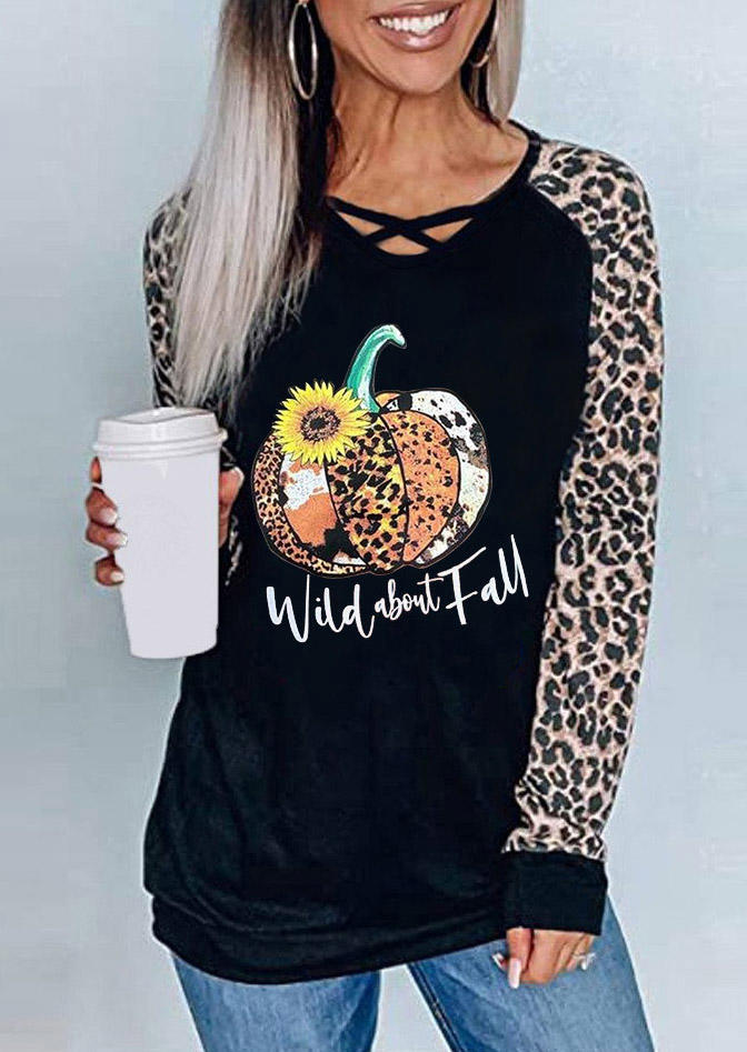 Blouses Thanksgiving Wild About Fall Leopard Pumpkin Sunflower Blouse in Black. Size: S,XL