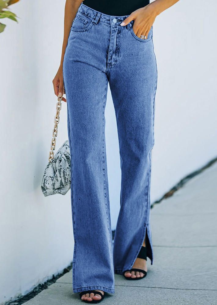 

Pants Pocket Button Slit Denim Pants in Blue. Size: ,M,L,XL