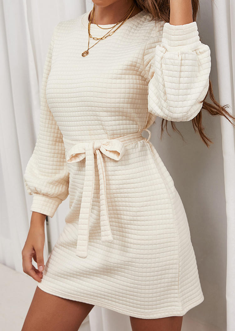 Mini Dresses Long Sleeve O-Neck Mini Dress With Belt - White in Apricot. Size: M,XL