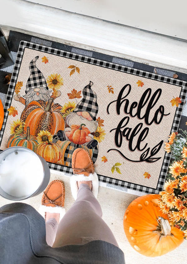 

Thanksgiving Hello Fall Gnomies Plaid Leopard Pumpkin Carpet in Multicolor. Size