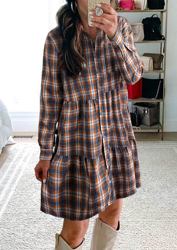 Plaid Button Long Sleeve Mini Dress