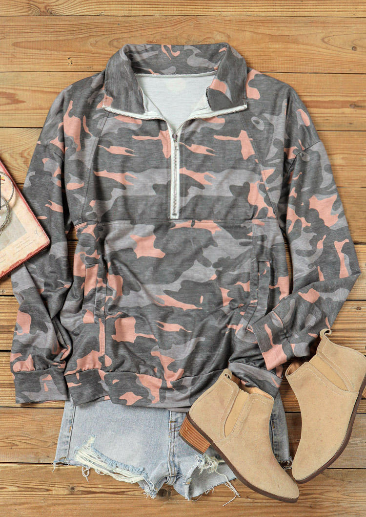 

Sweatshirts Camouflage Zipper Turn-Down Collar Sweatshirt in Camouflage. Size