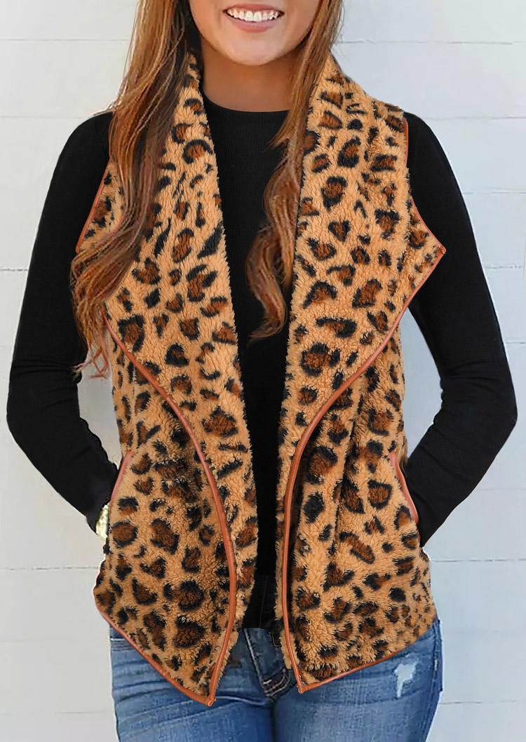 

Flannel Leopard Turn-down Collar Vest Coat, 518600