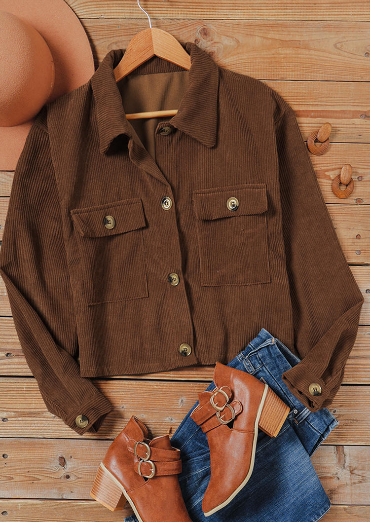 

Jackets Pocket Button Turn-down Collar Jacket in Brown. Size