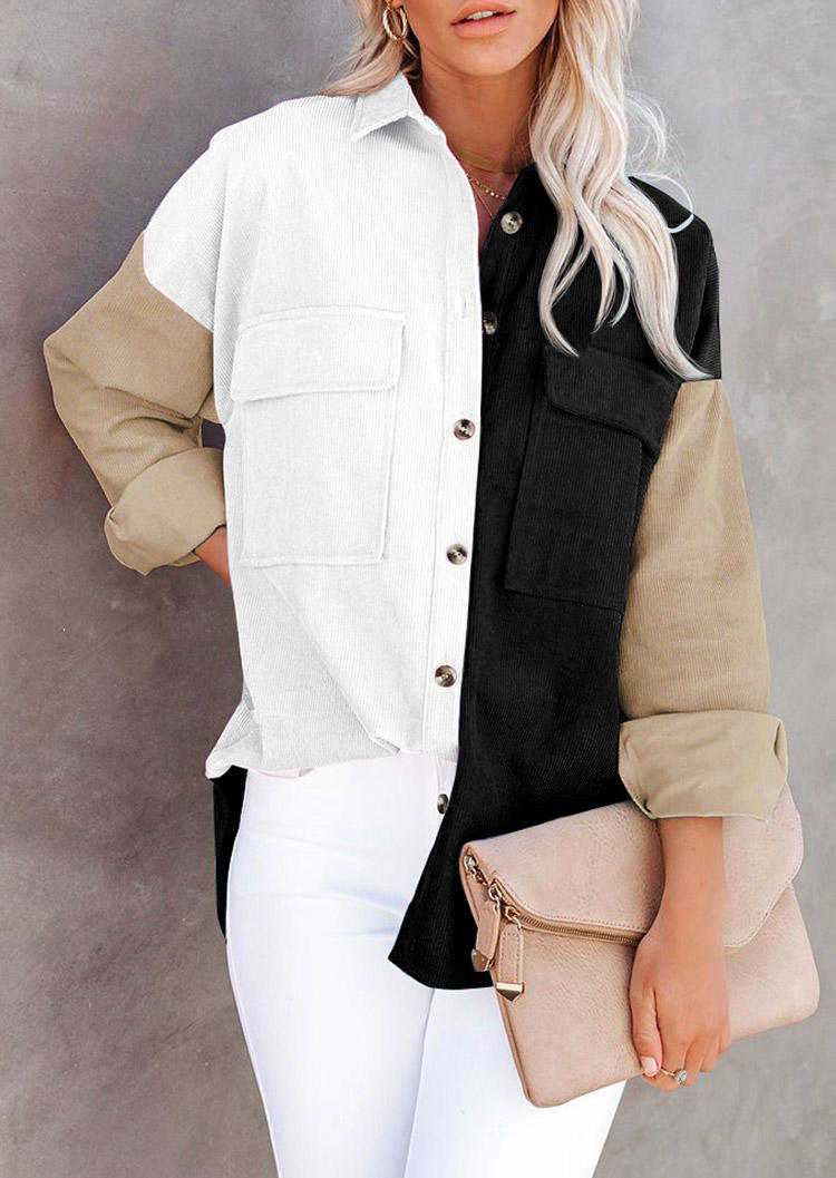 

Coats Color Block Pocket Button Long Sleeve Shirt Coat in Multicolor. Size: ,M,L,XL