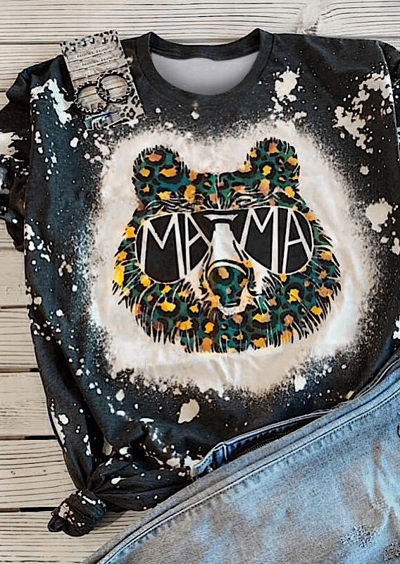 T-shirts Tees Mama Bear Leopard Bleached T-Shirt Tee in Black. Size: S,M,L