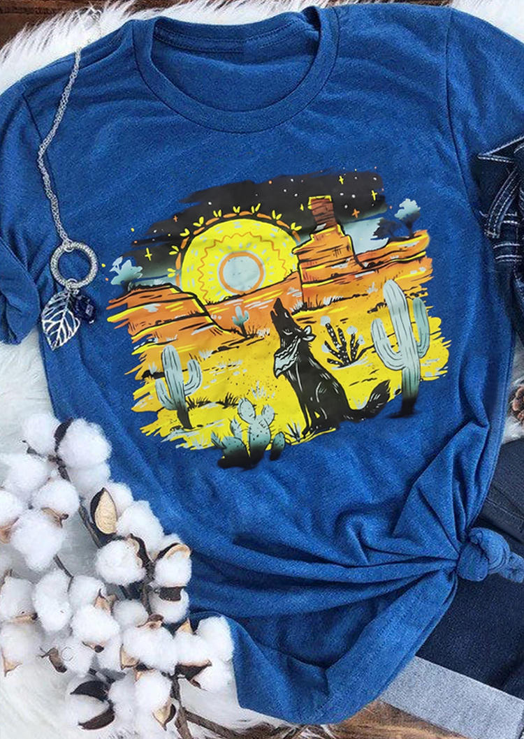 T-shirts Tees Desert Cactus O-Neck T-Shirt Tee in Blue. Size: M,L,XL