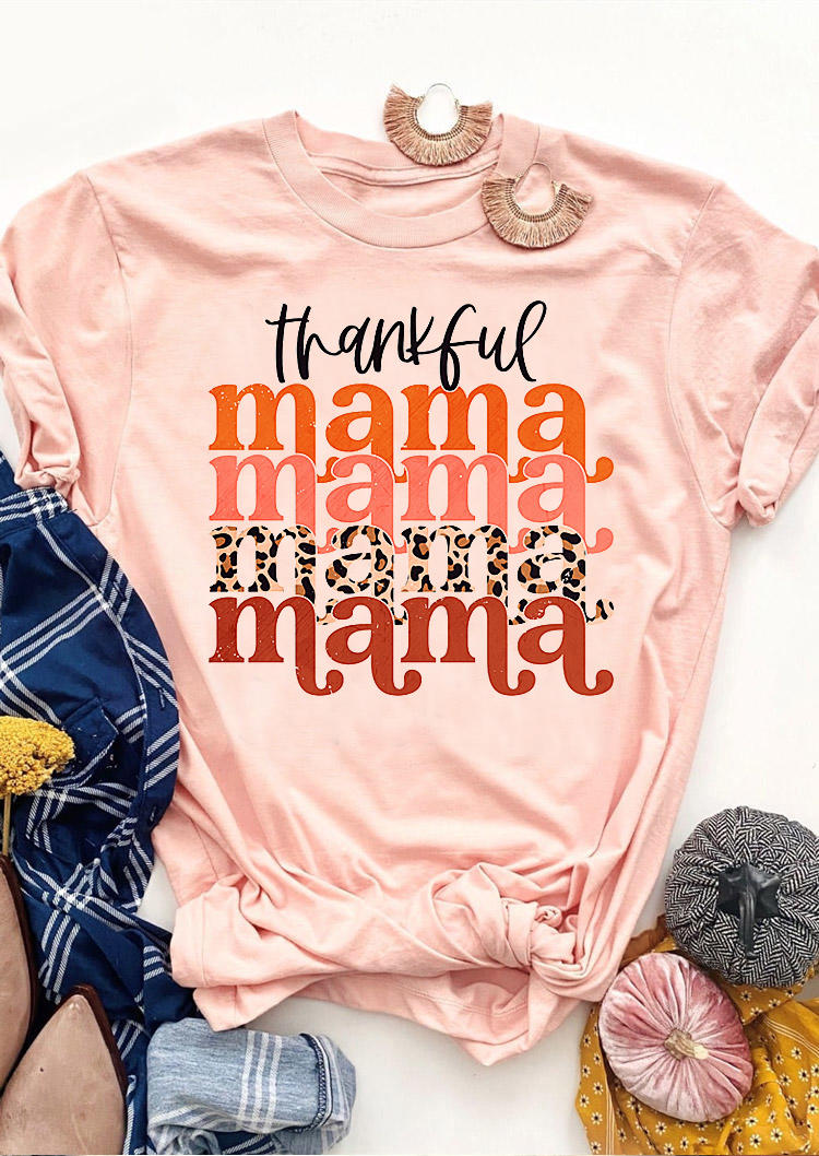 T-shirts Tees Thankful  Mama Leopard T-Shirt Tee in Pink. Size: S,M,L