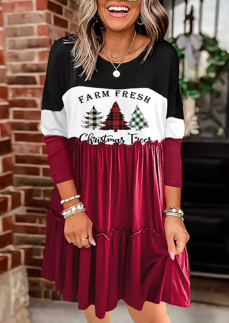 Tree Plaid Color Block Ruffled Mini Dress - Red