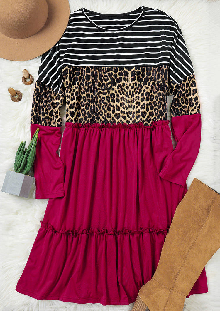 Striped Leopard Ruffled Long Sleeve Mini Dress - Red