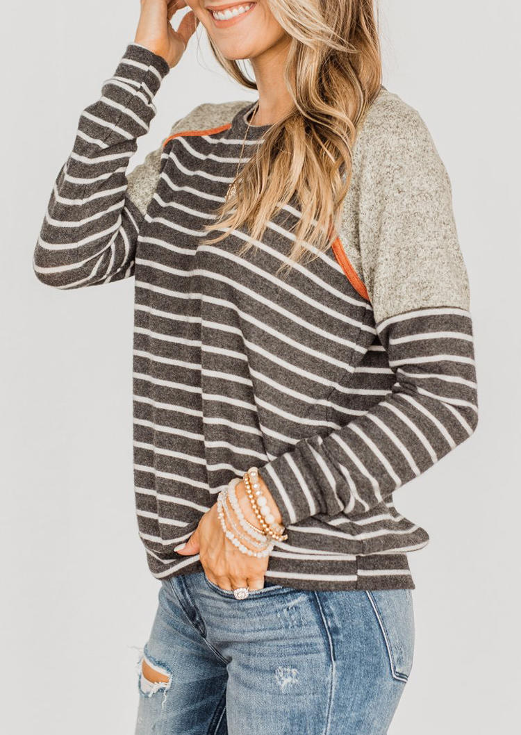 Blouses Striped Color Block Raglan Sleeve Blouse in Gray. Size: S,M,L