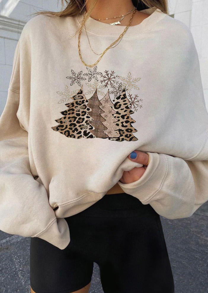 Leopard Christmas Tree Snowflake Sweatshirt - Khaki