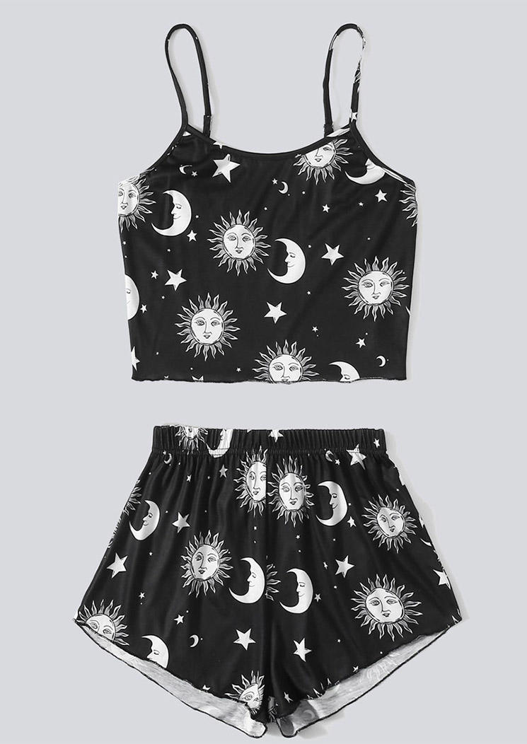 Sleepwear Sun Star Moon Camisole And Shorts Pajamas Set in Black. Size: S