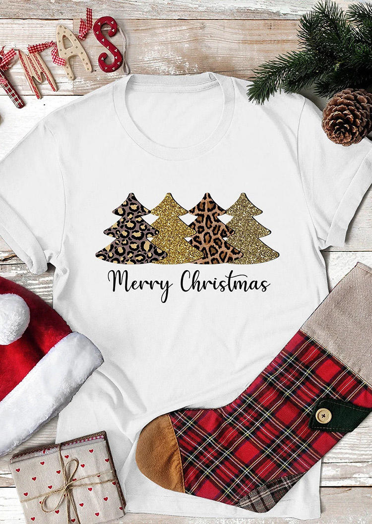 

T-shirts Tees Merry Christmas Tree Leopard T-Shirt Tee in White. Size: ,M,L,XL
