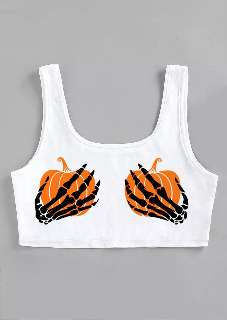 

Crop Tops Halloween Pumpkin Skeleton Hand Crop Tank Top in White. Size: ,M,L,XL