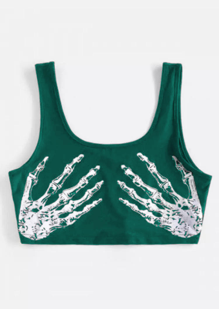 

Crop Tops Halloween Skeleton Hand Crop Tank Top in Green. Size: ,M,L,XL