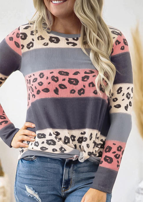 

Blouses Leopard Striped Color Block O-Neck Blouse in Multicolor. Size: ,L