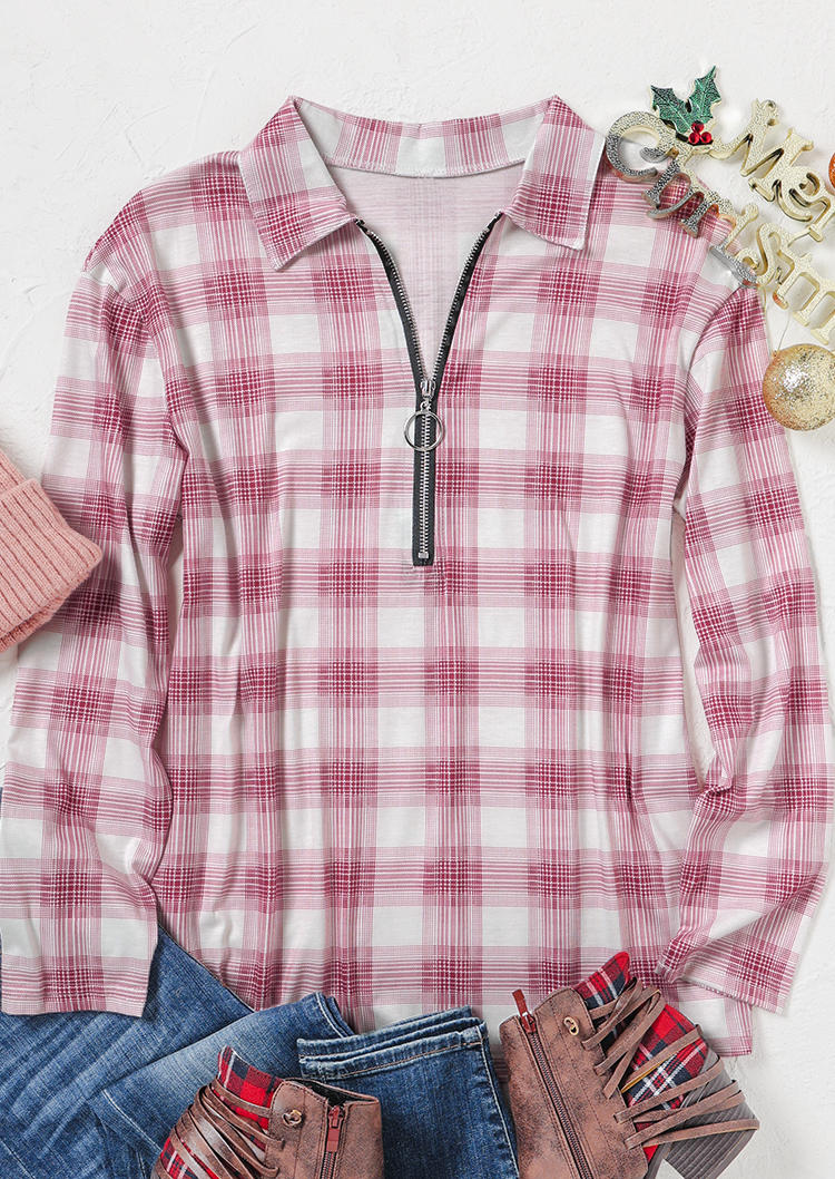 

Blouses Zipper Plaid Long Sleeve Blouse in Red. Size: ,XL