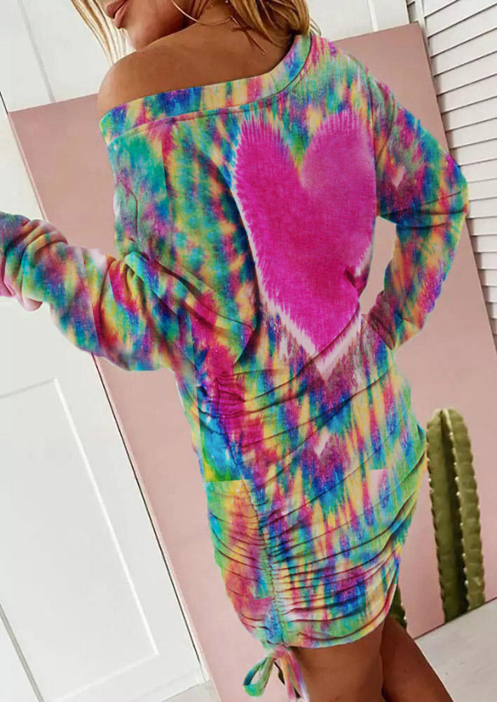 Bodycon Dresses Tie Dye Love Heart Drawstring Bodycon Dress in Multicolor. Size: L,M,S