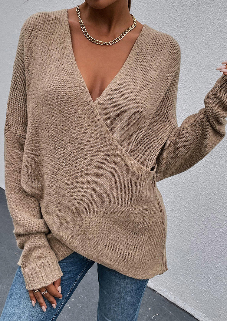 Sweaters Wrap Cross Knitted Long Sleeve Sweater in Khaki. Size: M,XL