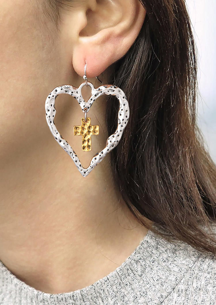 

Earrings Hollow Out Heart Cross Pendant Earrings in Silver. Size
