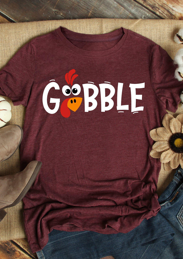T-shirts Tees Thanksgiving Turkey Gobble T-Shirt Tee - Burgundy in Red. Size: L,M,S,XL