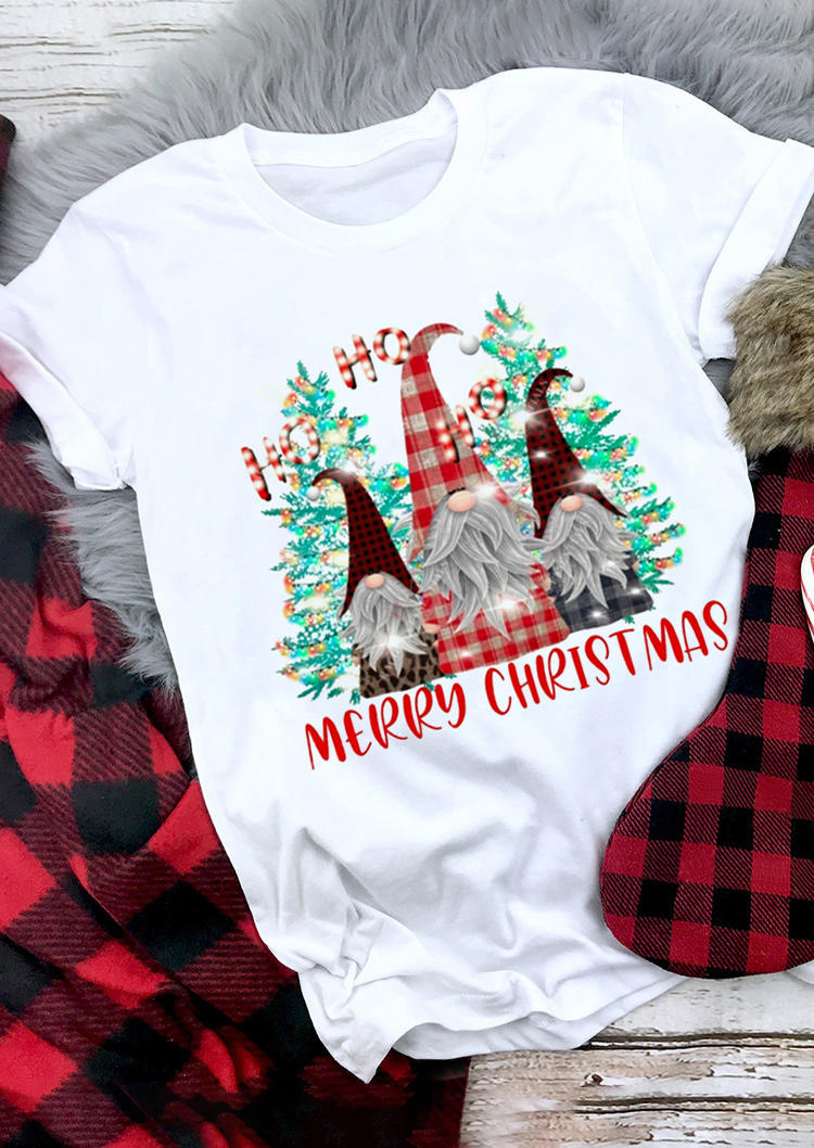 

T-shirts Tees Ho Ho Ho Merry Christmas Tree Gnomies T-Shirt Tee in White. Size: ,M,L,XL