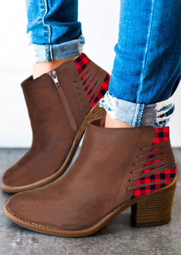 

Boots Buffalo Plaid Zipper Round Toe Heeled Boots in Brown. Size: ,38,39,40,41