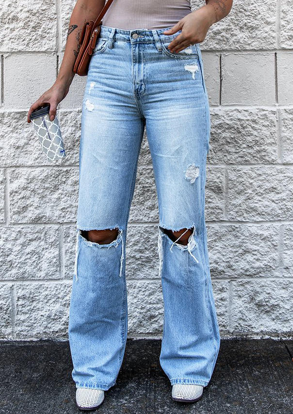 

Pants Ripped Hole Pocket Jeans Pants in Light Blue. Size