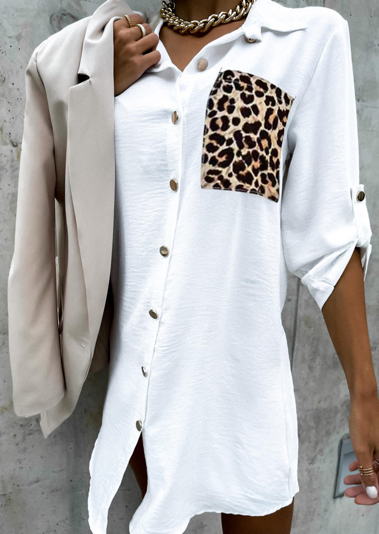 Mini Dresses Leopard Splicing Pocket Button Shirt Mini Dress in White. Size: L,M,S